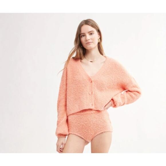 Le Ore Simba Coral Modena Cozy Teddy Cropped Cardigan Sweater Wool Blend XS - Picture 1 of 9